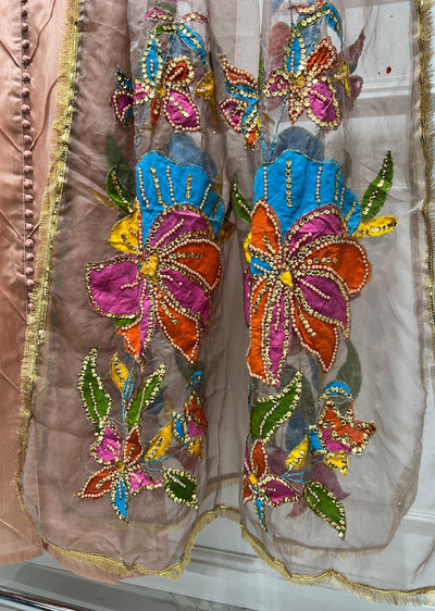 HK275 Rubru - Peach Handpainted Duppatta Suit - Memsaab Online