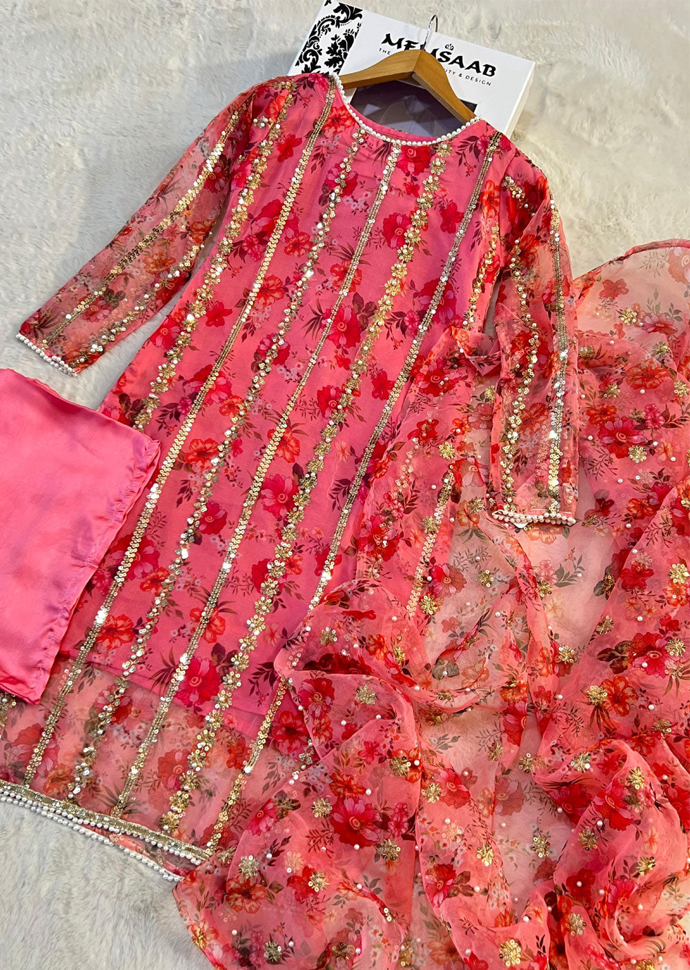 HK269 Zarifa - Pink Readymade Organza Suit - Memsaab Online