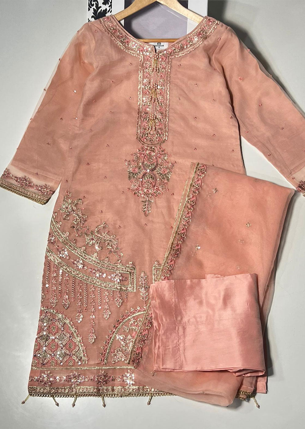 KLD323 Maya - Pink Readymade Organza Suit - Memsaab Online