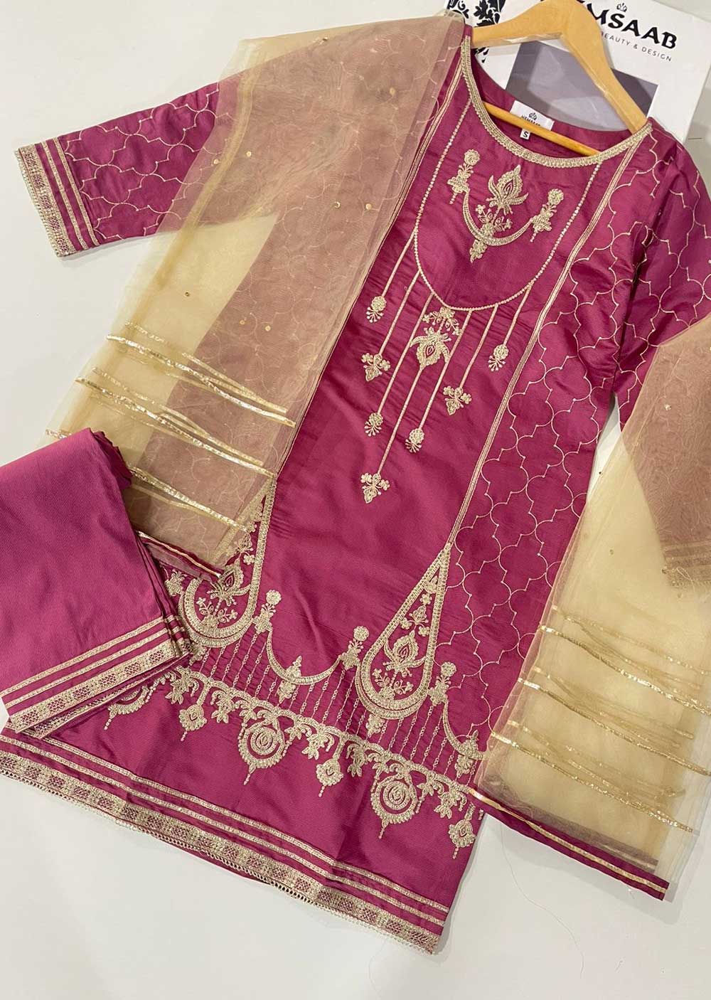 KLD311 Arqa - Pink Readymade Khadi Net Suit - Memsaab Online