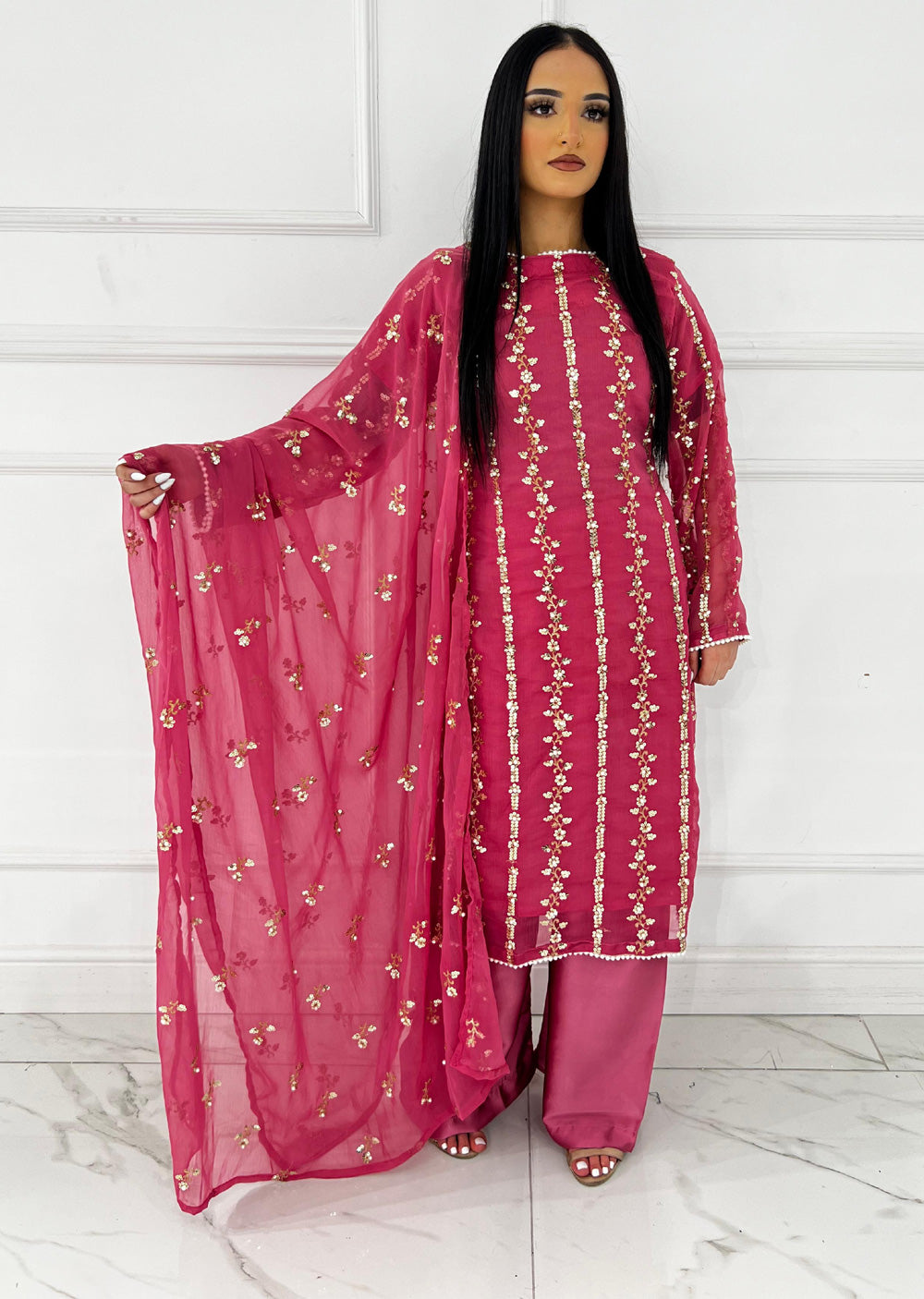 SMR3109 Rehem Dil - Pink Chiffon Suit - Memsaab Online