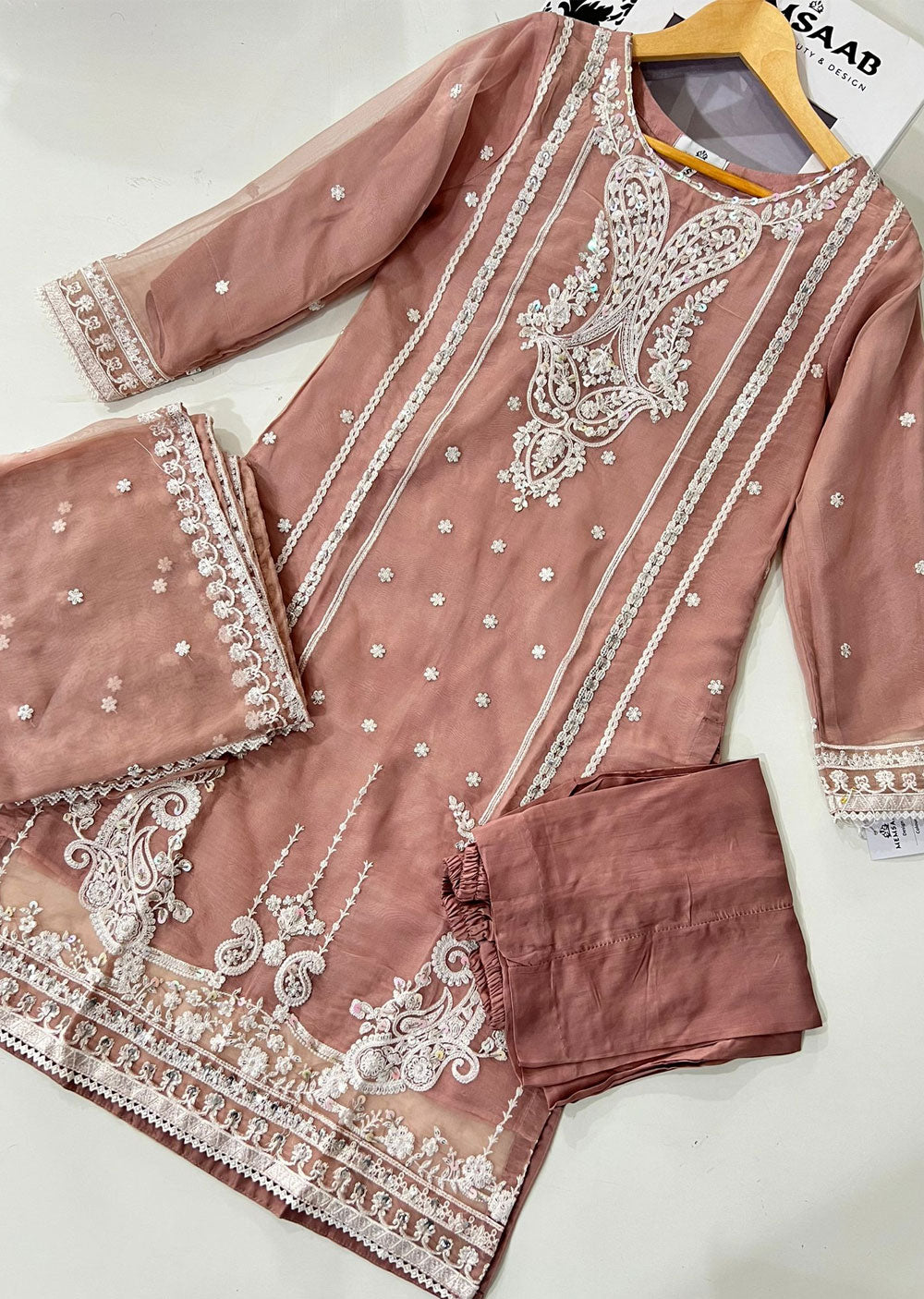 KLD308 Huma - Pink Readymade Organza Suit - Memsaab Online