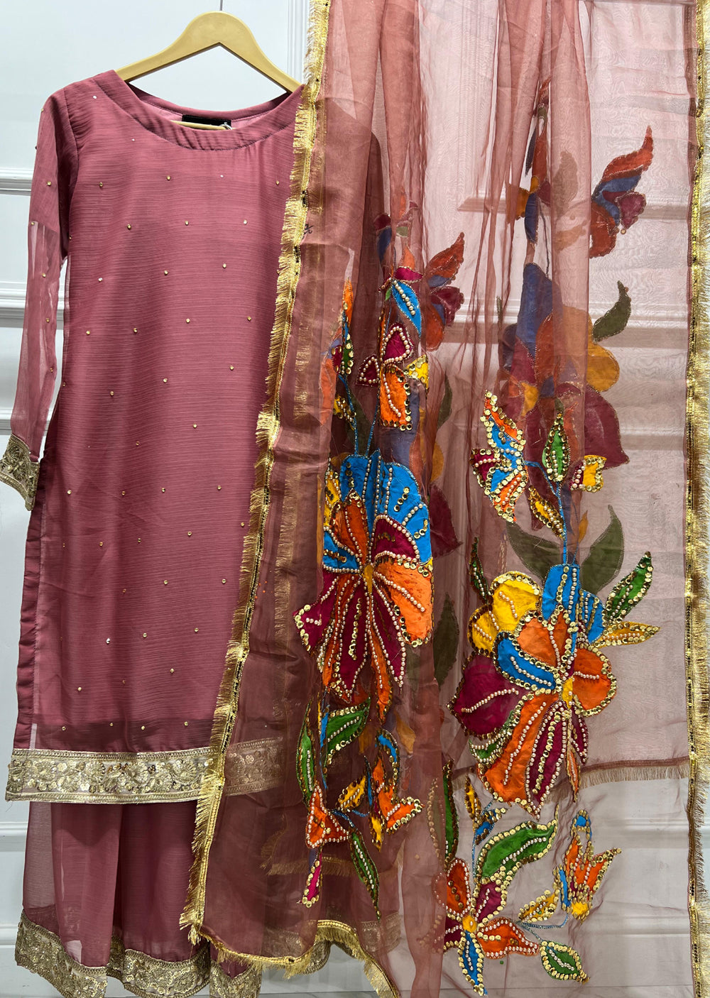 HK270 Hashish - Pink Readymade Chiffon Suit - Memsaab Online