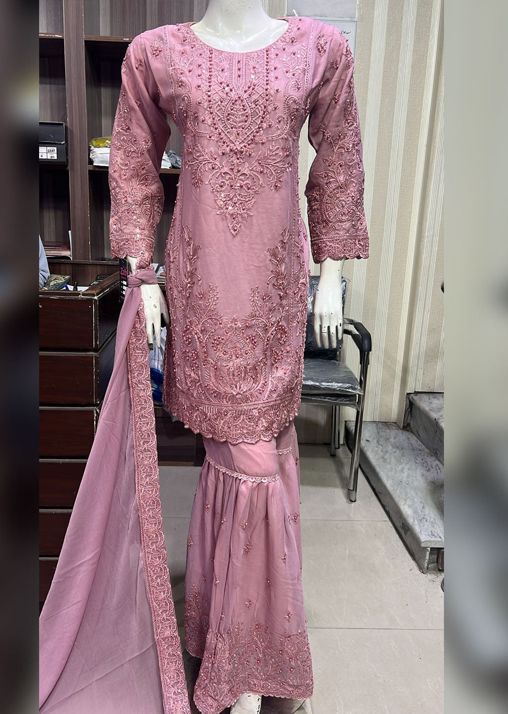 SHAZ9004 - Pink - Readymade Chiffon Party Gown - Memsaab Online