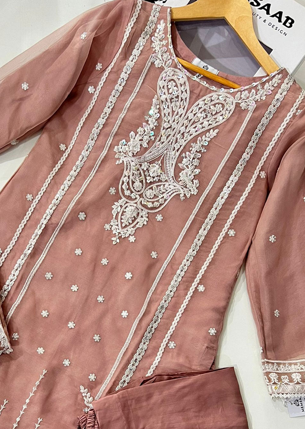 KLD308 Huma - Pink Readymade Organza Suit - Memsaab Online