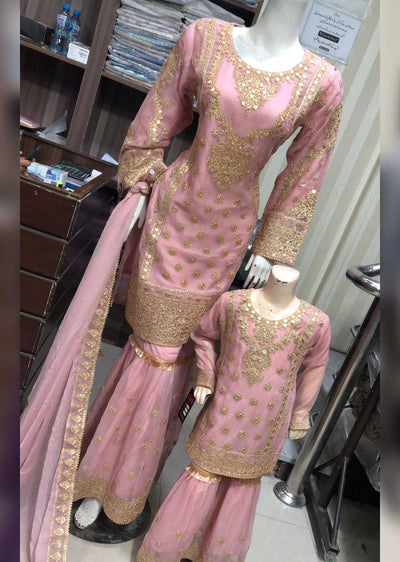 SHAZ6601 Pink Readymade Mother & Daughter Shararah - Memsaab Online