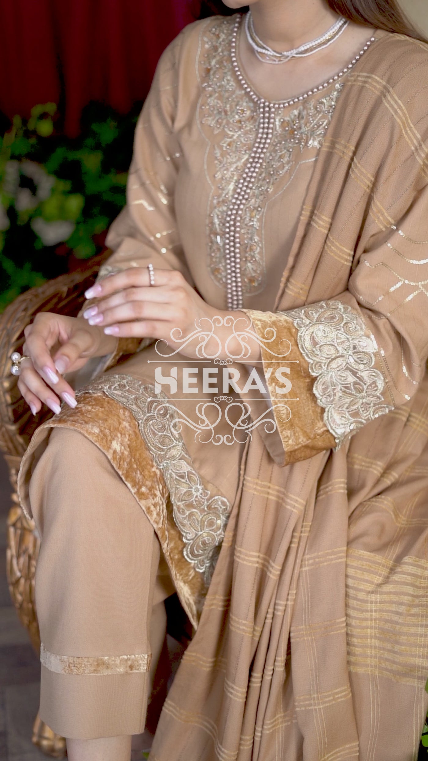 HSS-179 - Readymade - Elegant Gold Dhanak Velvet Embroidered suit by Heeras