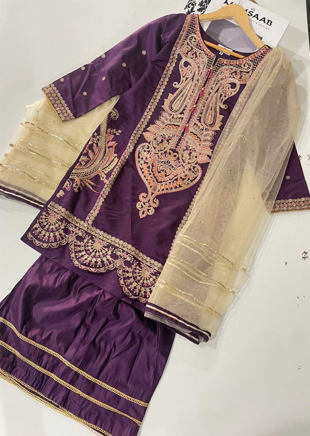 KLD315 Esaaf - Purple Readymade Khadi Net Suit - Memsaab Online