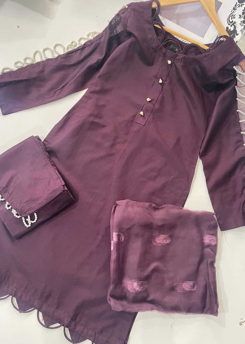 ASK401 Pearl Lustre - Purple Readymade Khadi Net Suit - Memsaab Online