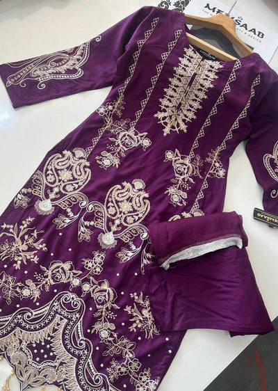 HK207 Rida Readymade Purple Linen Suit - Memsaab Online