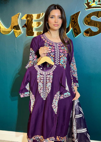 HK248 - Purple Readymade Mummy & Me Linen Suit - Memsaab Online