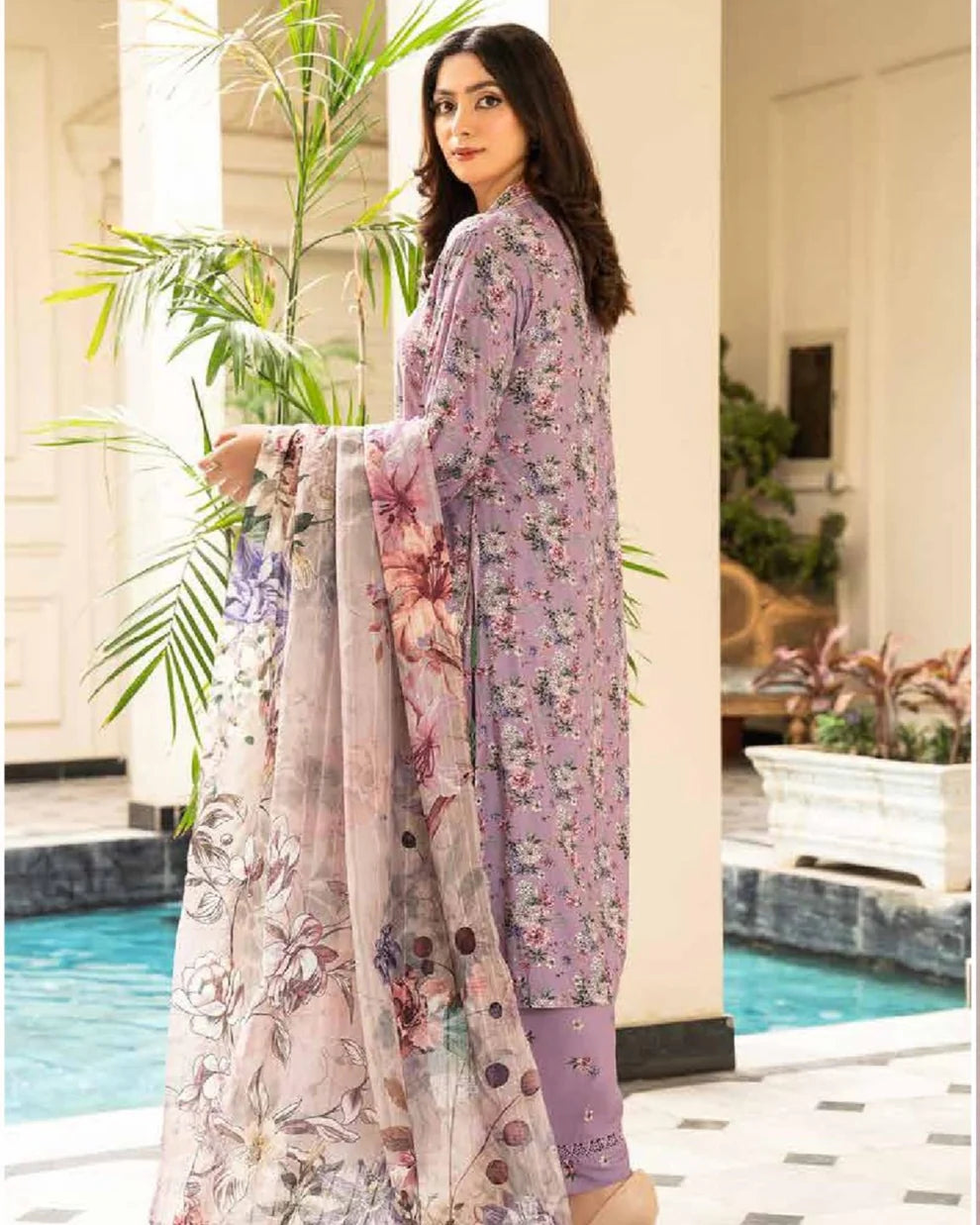 MSL-07 Readymade Munira Khazaan Lavender Linen Suit - Memsaab Online