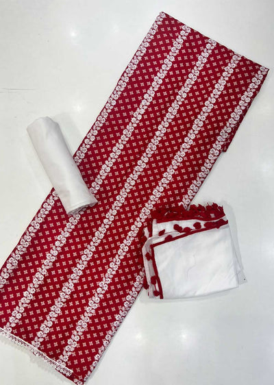 ATQ6808 - Unstitched Red Cotton Suit - Memsaab Online