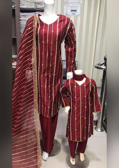 BP1205 Maroon Mummy & Me Linen Suit - Memsaab Online