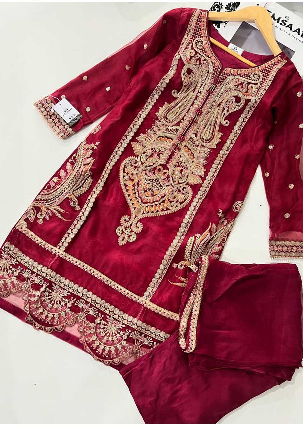 KLD327 Seba - Red Readymade Organza suit - Memsaab Online