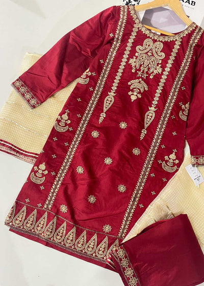 KLD316 Falak - Red Readymade Khadi Net Suit - Memsaab Online