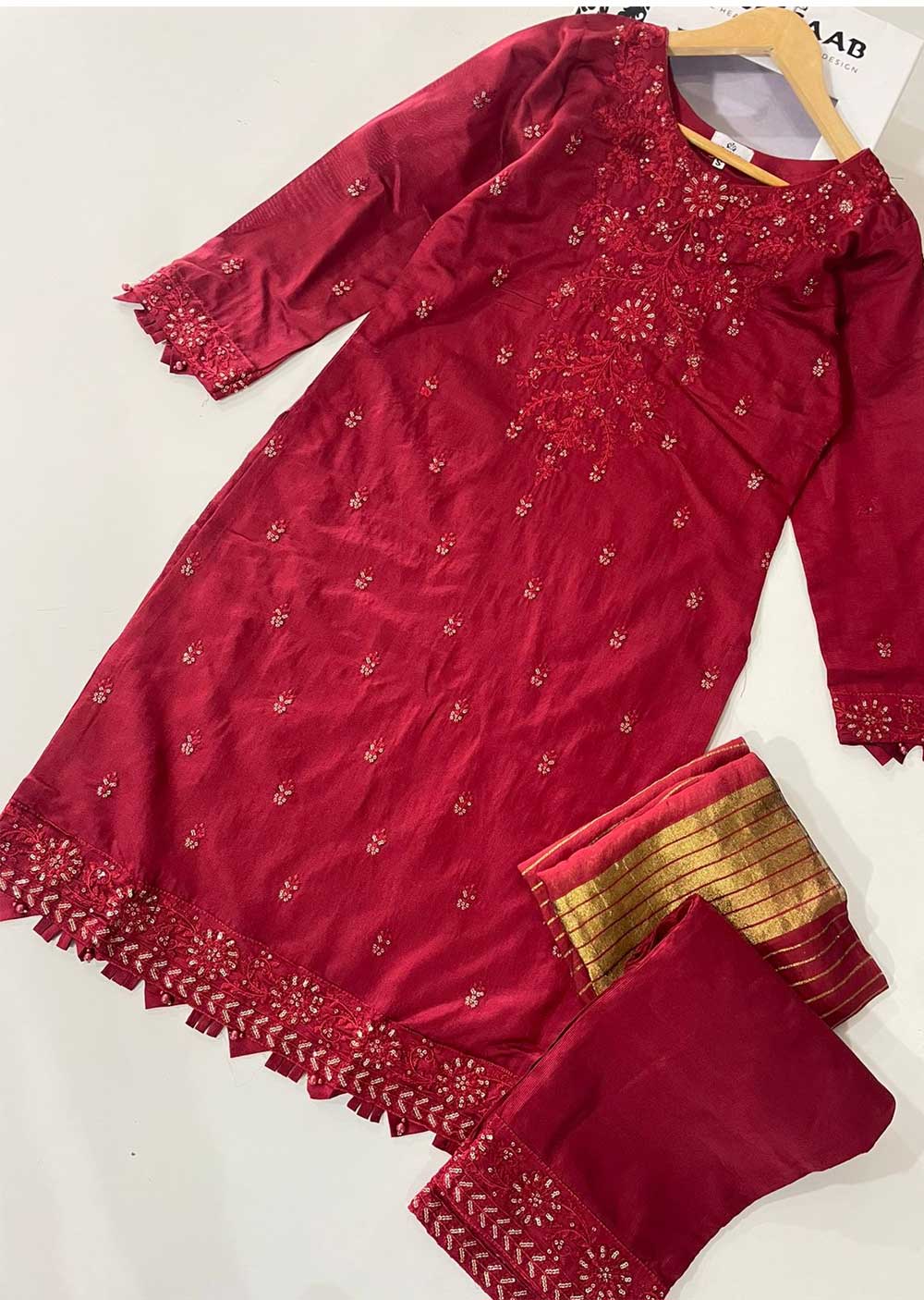 KLD313 Chand - Red Readymade Khadi Net Suit - Memsaab Online