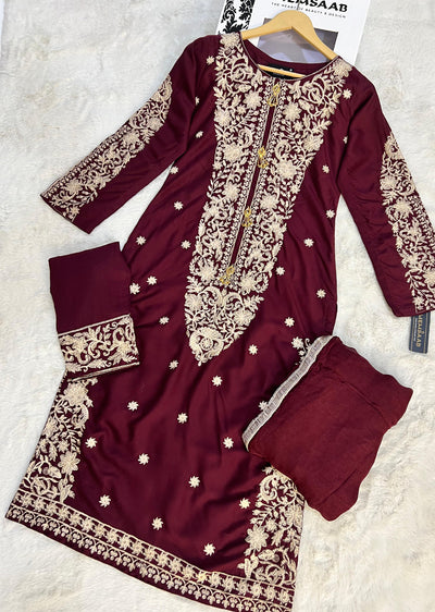 HK271 Jabeen - Maroon Linen Oufit - Memsaab Online