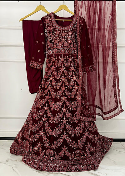 RH2113 Arya - Maroon Fancy Net Maxi Dress - Memsaab Online