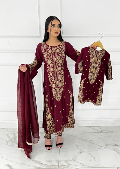 HK271 Jabeen - Maroon Linen Oufit - Memsaab Online