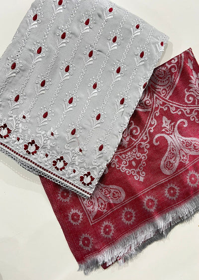 OP2725 - Grey/Red - Unstitched - Embroidered Linen Suit - Memsaab Online
