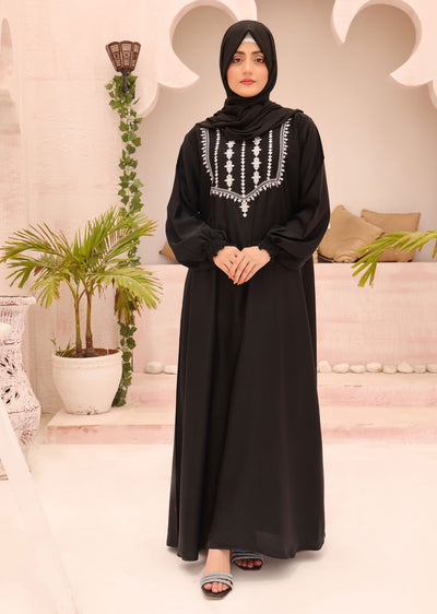 ASL-221 Bahki - Black Embroidered Abaya - Memsaab Online