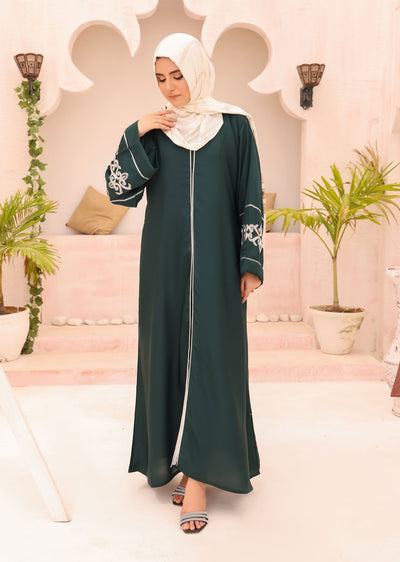 ASL-219 Zehra - Green Embroidered Open Abaya - Memsaab Online