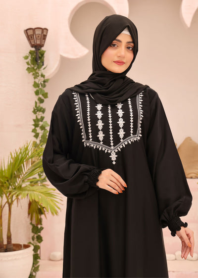 ASL-221 Bahki - Black Embroidered Abaya - Memsaab Online