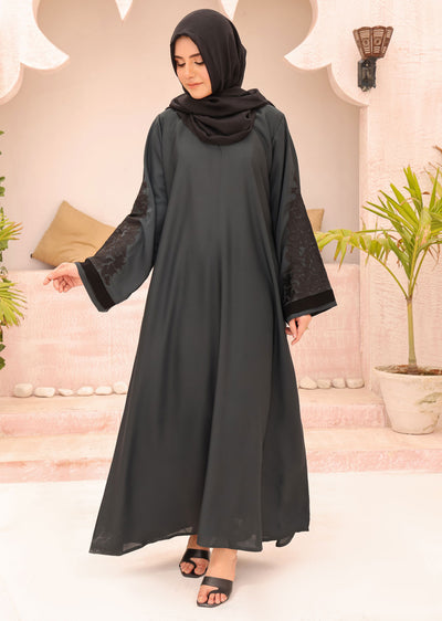ASL-214 Hafsa - Grey Embroidered Abaya - Memsaab Online