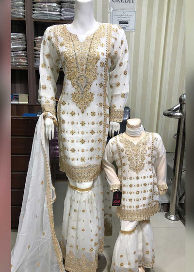 SHAZ6564 White/Gold Readymade Mother & Daughter Dress - Memsaab Online