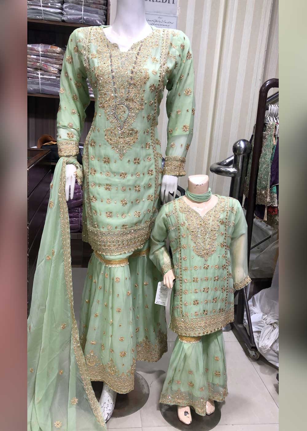 SHAZ6564 Mint/Gold Readymade Mother & Daughter Dress - Memsaab Online