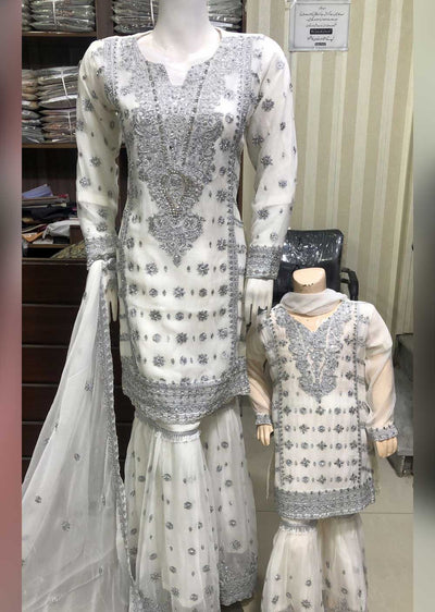 SHAZ6564 White/Grey Readymade Mother & Daughter Dress - Memsaab Online