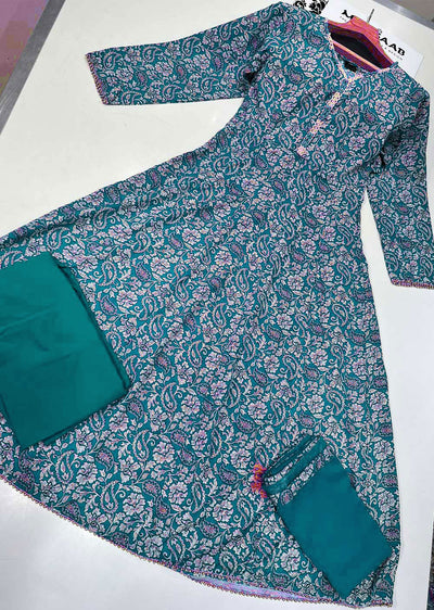 RGZ9920 Readymade Teal Printed Crepe Dress - Memsaab Online