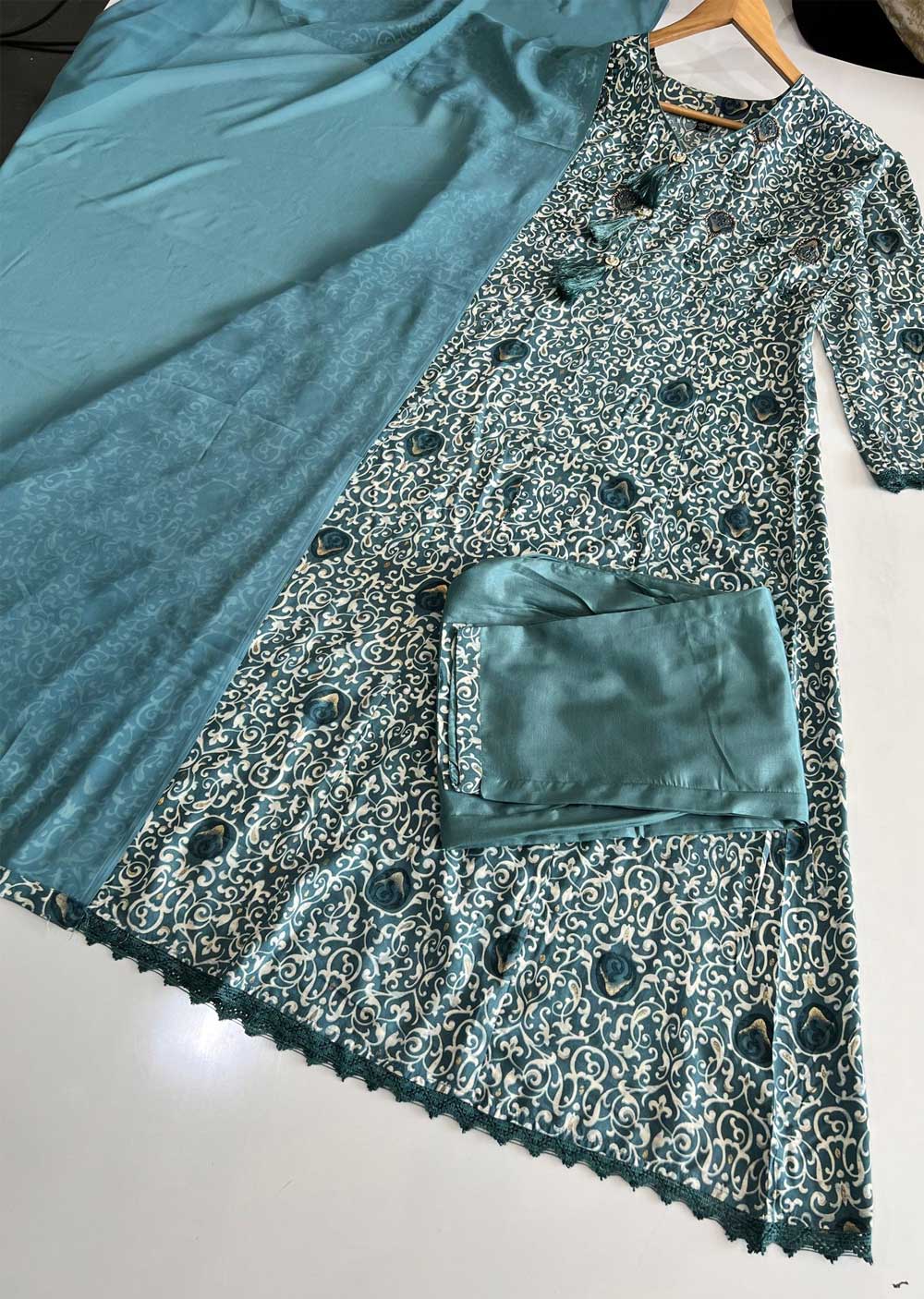 ASF9002 Sheikha Teal Readymade Rayon Printed Gown - Memsaab Online
