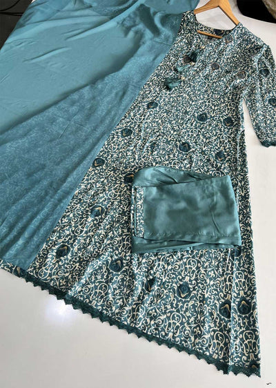 ASF9002 Sheikha Teal Readymade Rayon Printed Gown - Memsaab Online