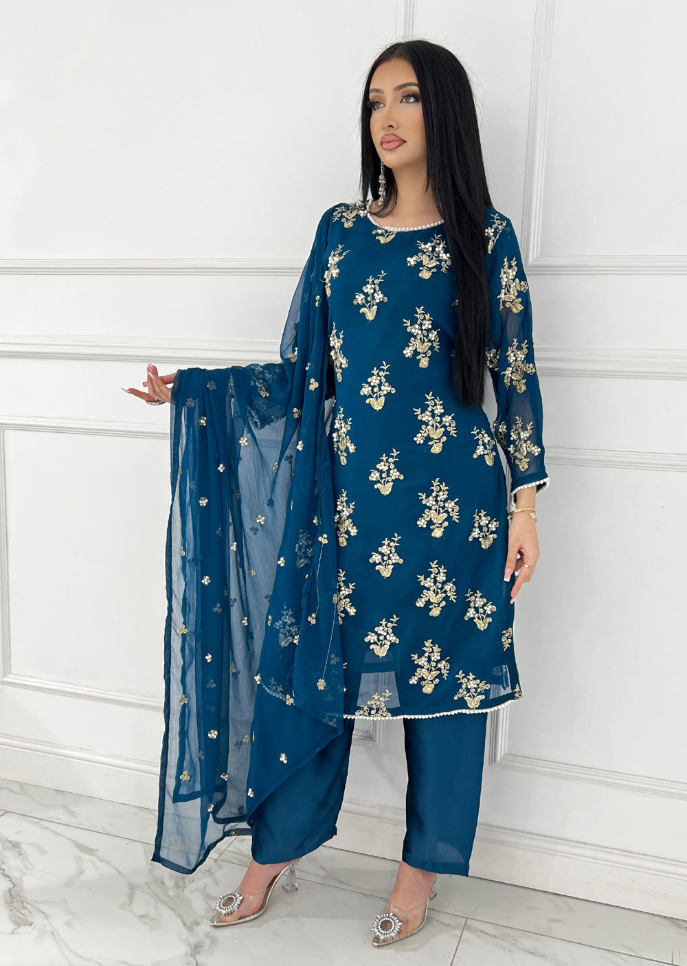 SMR3109 Rehem Dil - Teal Chiffon Suit - Memsaab Online