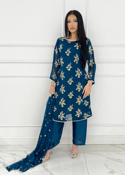 SMR3109 Rehem Dil - Teal Chiffon Suit - Memsaab Online