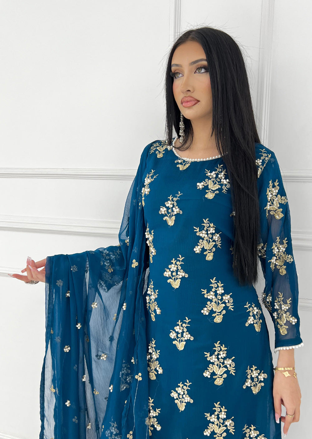 SMR3109 Rehem Dil - Teal Chiffon Suit - Memsaab Online