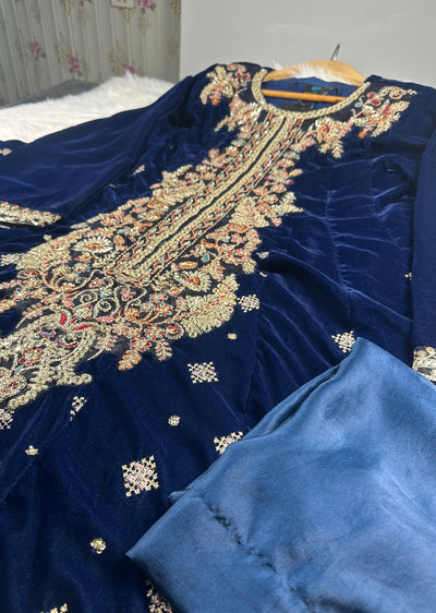 HSS-158 - Teal - Readymade Heeras Sapphire Velvet Majesty Suit - Memsaab Online