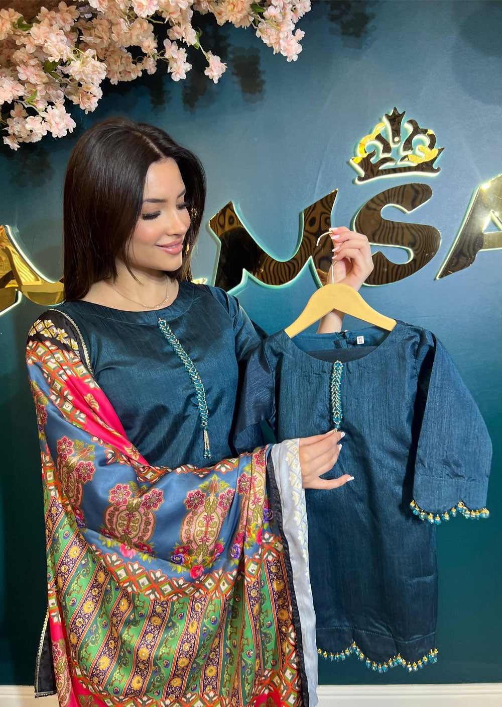 HK265 Zarora - Teal Readymade Raw Silk Mummy n Me Suit - Memsaab Online