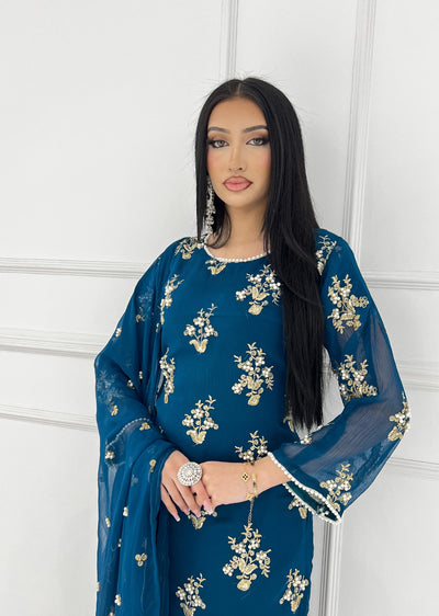 SMR3109 Rehem Dil - Teal Chiffon Suit - Memsaab Online