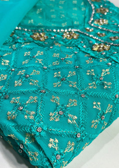 D7519 Teal Unstitched Georgette Suit - Memsaab Online