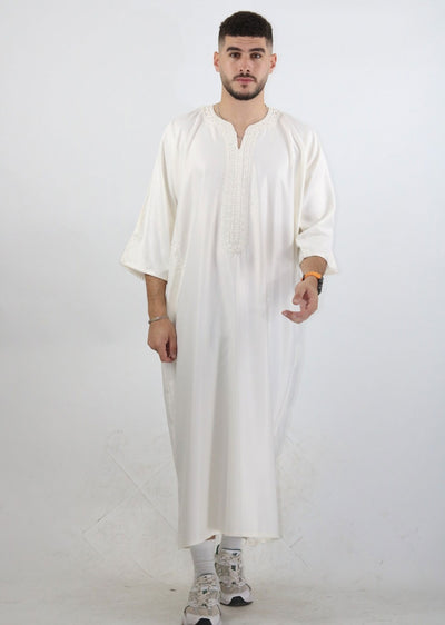 MRC101 White Moroccan Embroidered Thobe - Memsaab Online