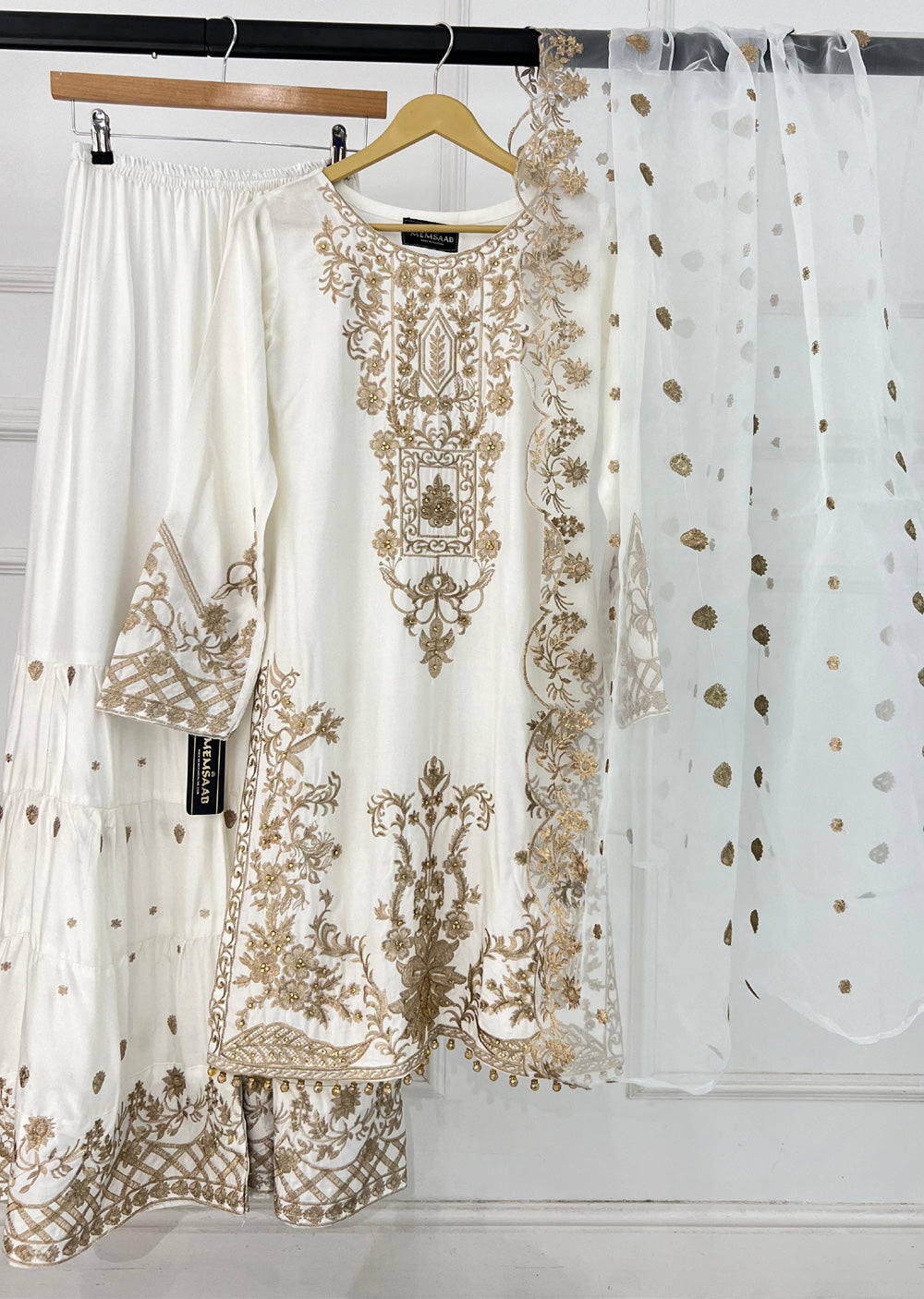 HK282- Suba - White Linen Shararah Suit - Memsaab Online