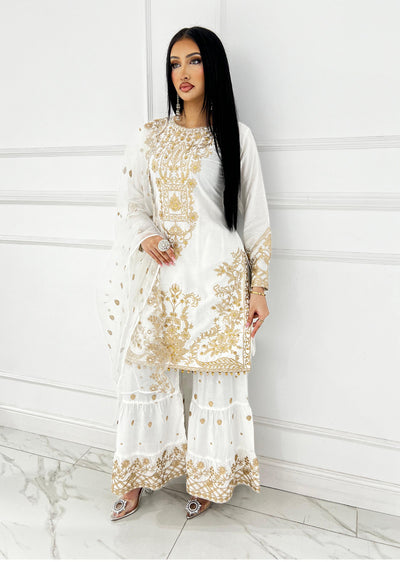 HK282- Suba - White Linen Shararah Suit - Memsaab Online