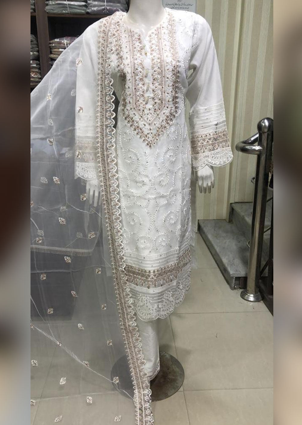 BP1112 White Readymade Organza Suit - Memsaab Online