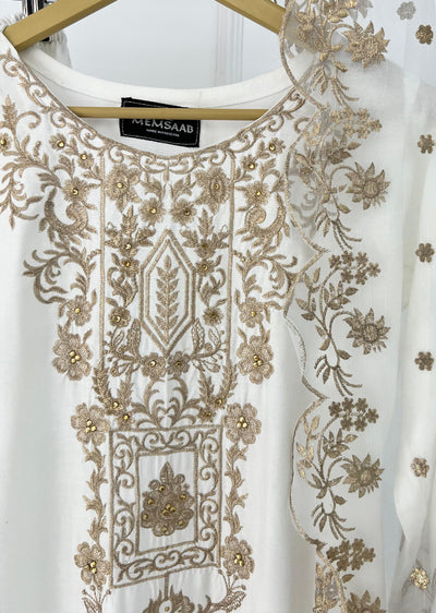 HK282- Suba - White Linen Shararah Suit - Memsaab Online