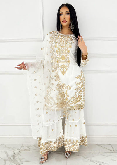 HK282- Suba - White Linen Shararah Suit - Memsaab Online