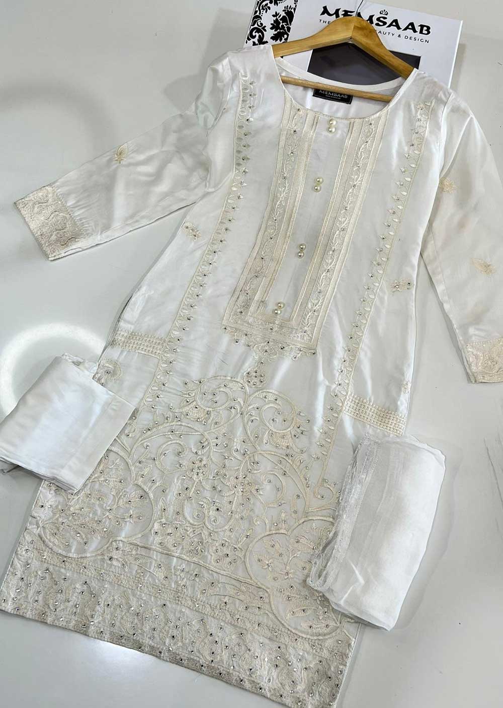 HK205 Abeer Readymade White Linen Suit - Memsaab Online