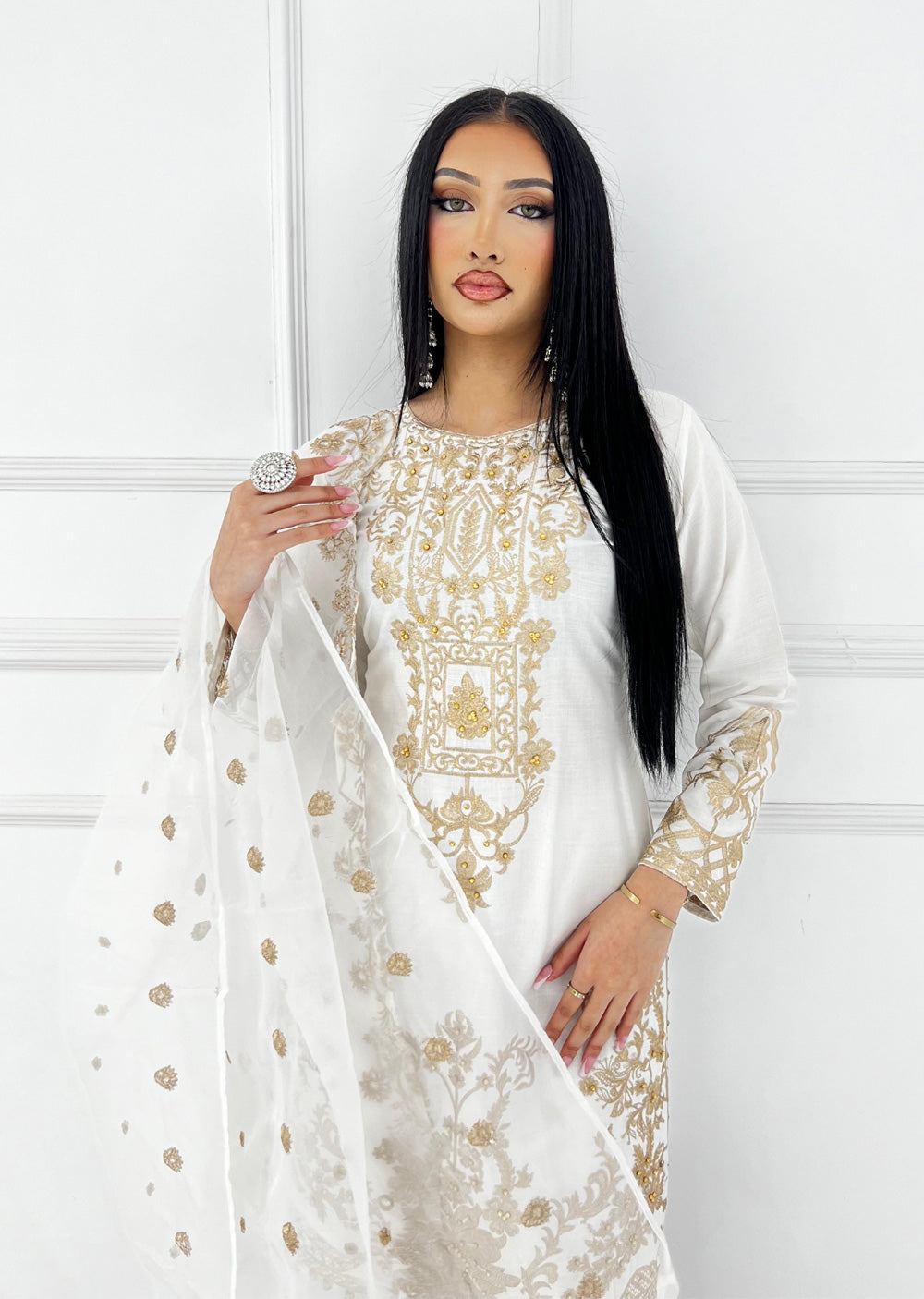 HK282- Suba - White Linen Shararah Suit - Memsaab Online